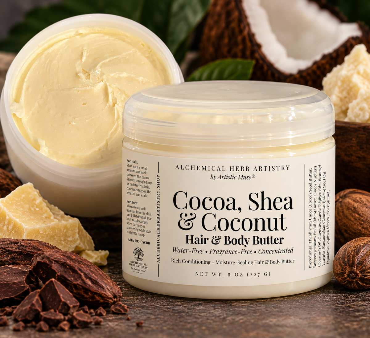 Cocoa, Shea & Coconut Hair + Body Butter | Fragrance-Free (8oz)