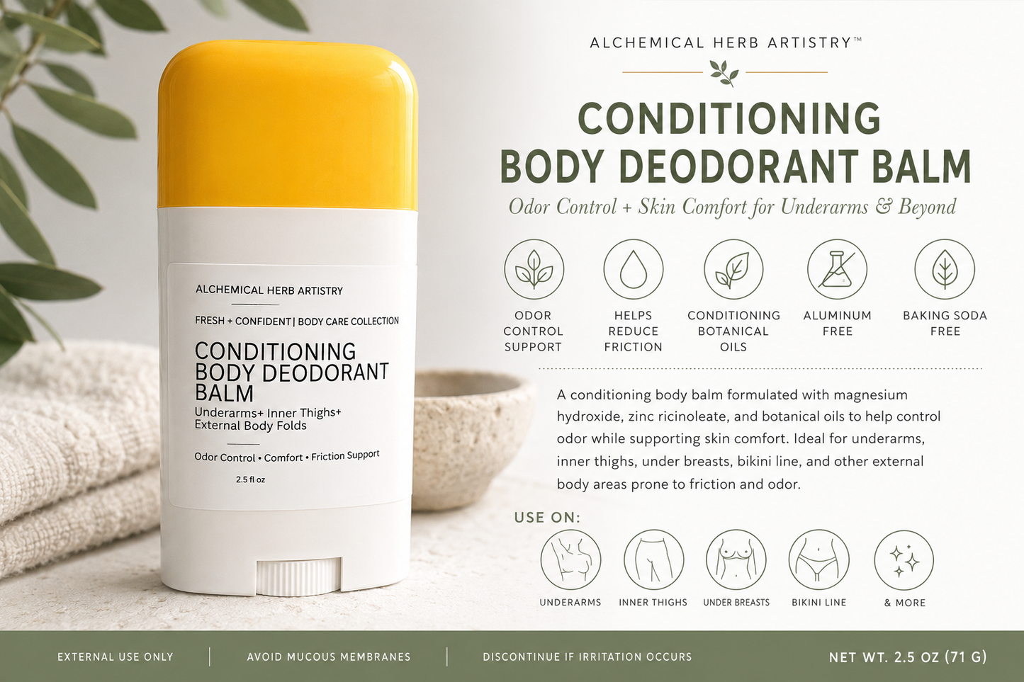 Conditioning Body Deodorant Balm|Odor Control + Skin Comfort (2.5oz)